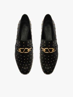 SCHUTZ Black Leather Studded Loafers with Gold Stud detail NWOT size 7